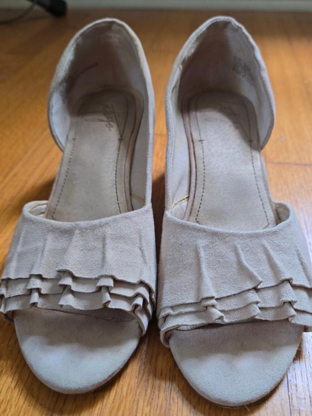 8.5 Beige Latigo Elize Wedge 2.5" Heel Sandal with Ruffled Tip & side-cut design